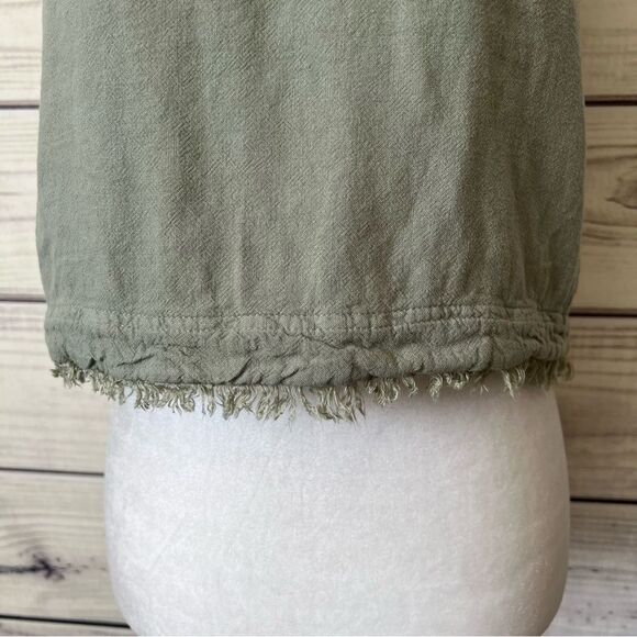 Thread & Supply Linen Sage Green Frayed Hem Button Crop Top - Picture 2 of 8